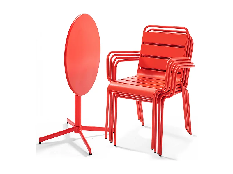 Ensemble table de jardin et 4 fauteuils métal rouge - Palavas