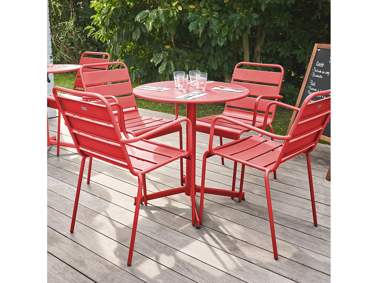 Ensemble table de jardin et 4 fauteuils métal rouge - Palavas