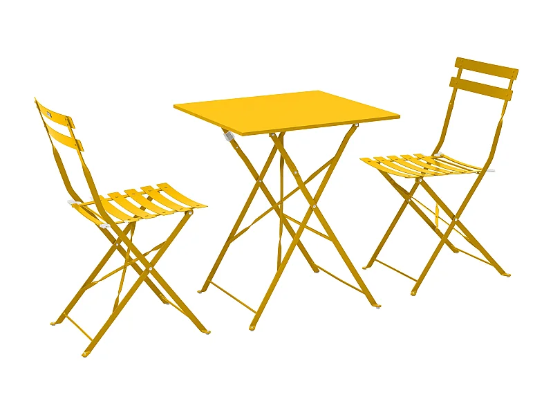 Tuintafel en 2 gele stalen stoelen