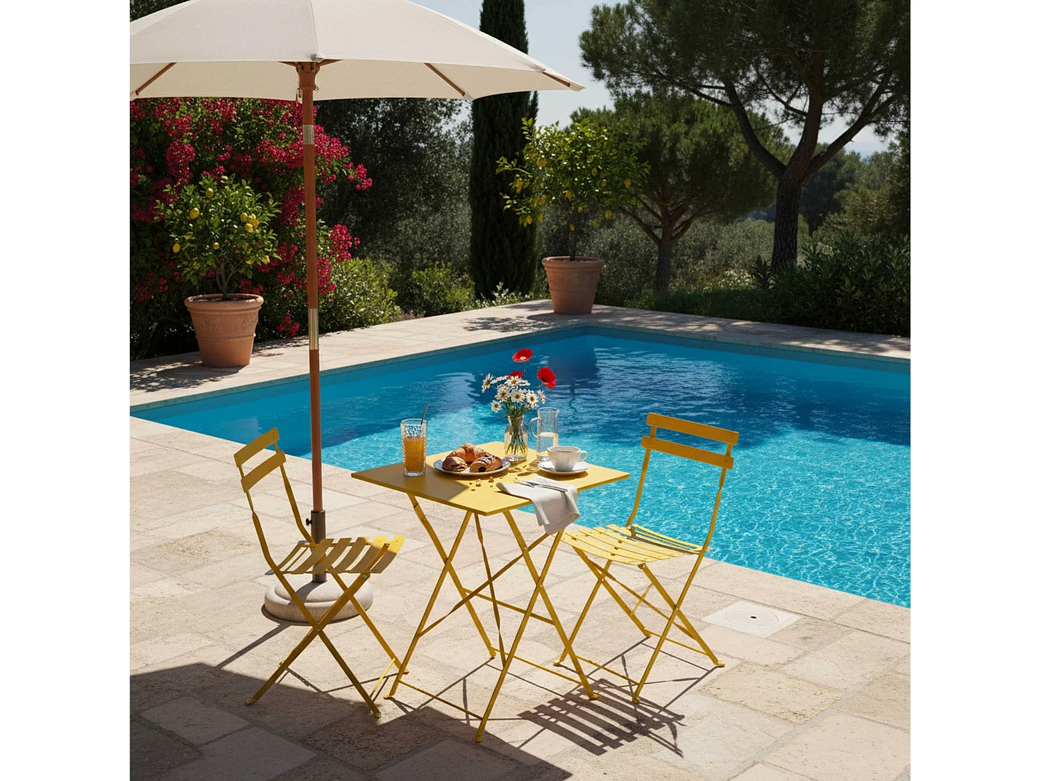 Table de jardin et 2 chaises acier jaune