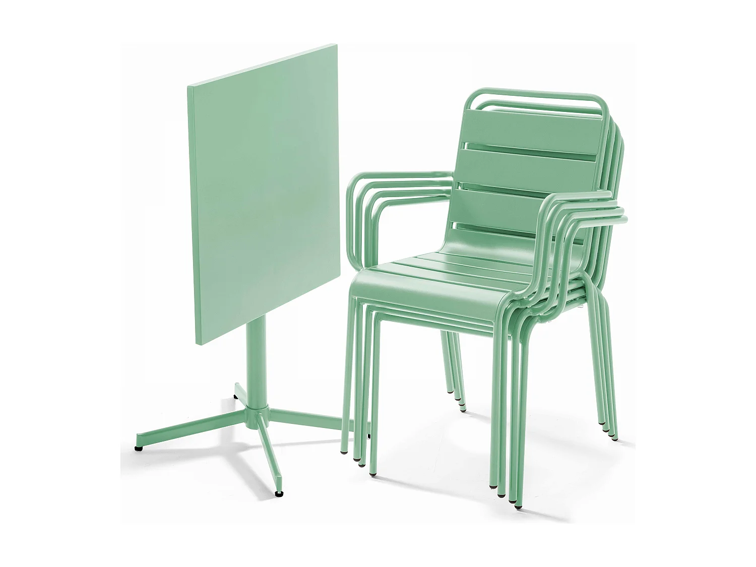 Ensemble table de jardin et 4 fauteuils en métal vert sauge - Palavas