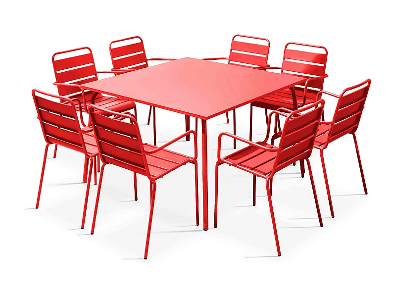 Ensemble table de jardin carrée et 8 fauteuils en métal rouge - Palavas