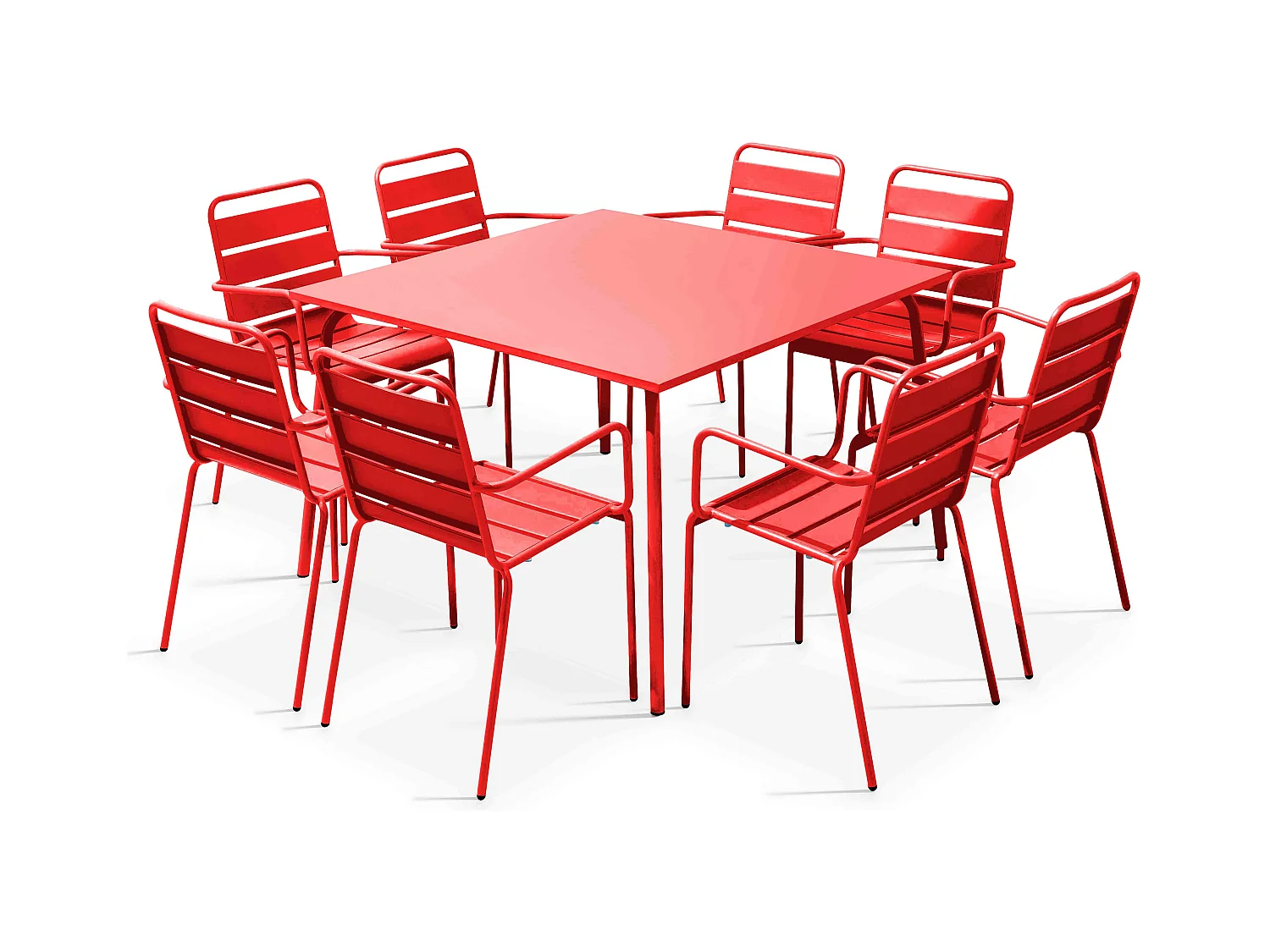 Ensemble table de jardin carrée et 8 fauteuils en métal rouge - Palavas