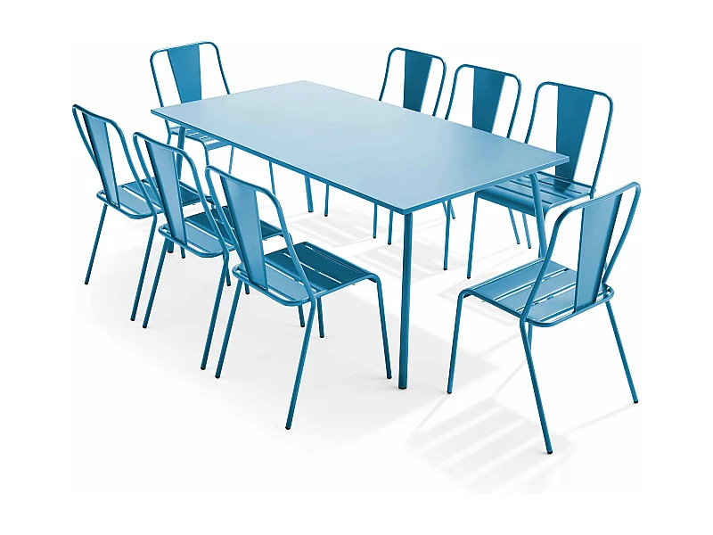 Tuinset met tafel en 8 bistrostoelen in blauw pacifisch staal