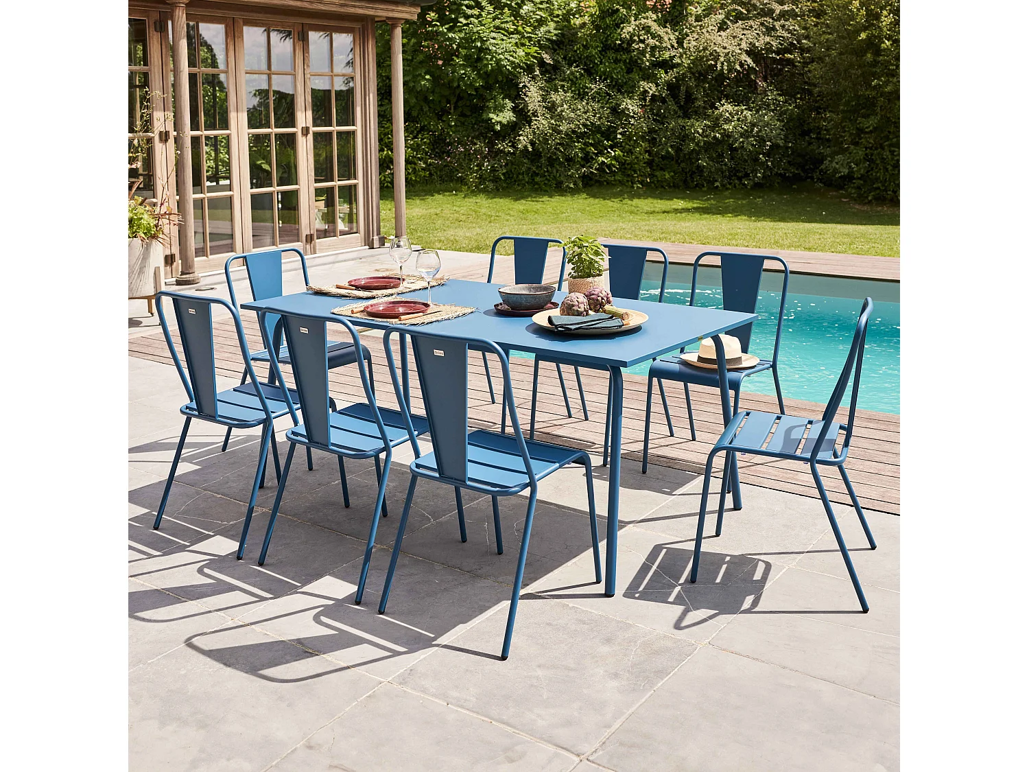 Ensemble table de jardin et 8 chaises bistrot en acier bleu pacific - Palavas