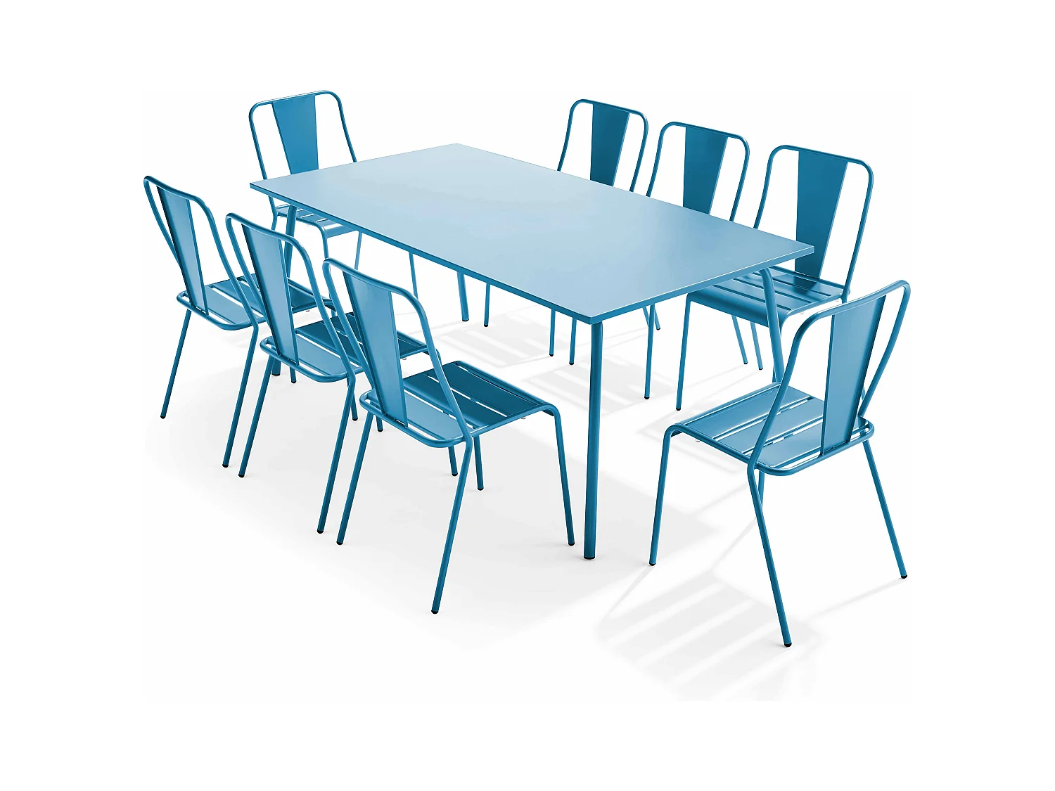 Ensemble table de jardin et 8 chaises bistrot en acier bleu pacific - Palavas