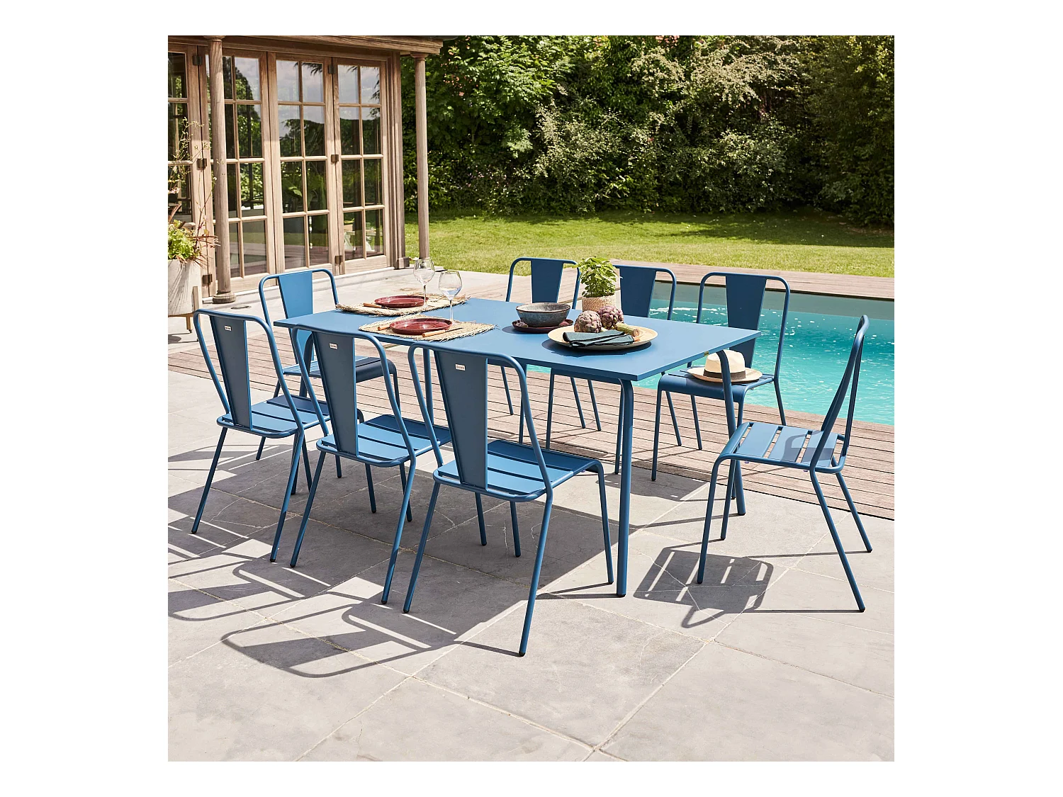 Ensemble table de jardin et 8 chaises bistrot en acier bleu pacific - Palavas
