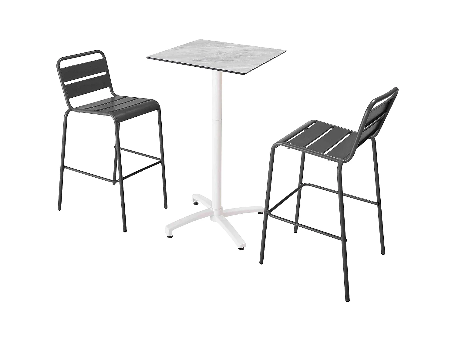 Ensemble table haute stratifié marbre et 2 chaises hautes gris