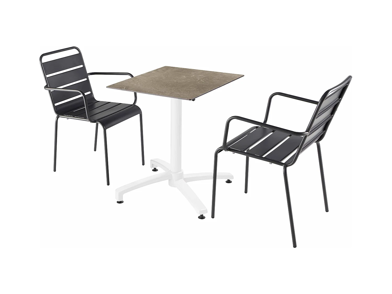 Ensemble table terrasse stratifié marbre beige et 2 fauteuils Gris