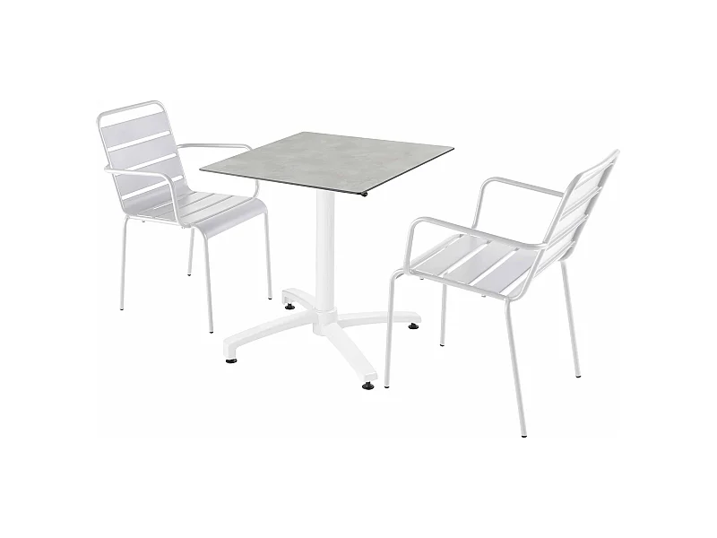 Ensemble table terrasse stratifié béton avec 2 fauteuils blanc