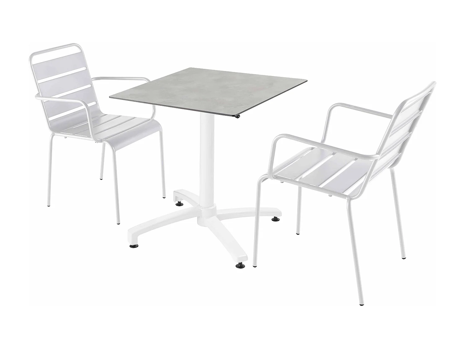 Ensemble table terrasse stratifié béton avec 2 fauteuils blanc