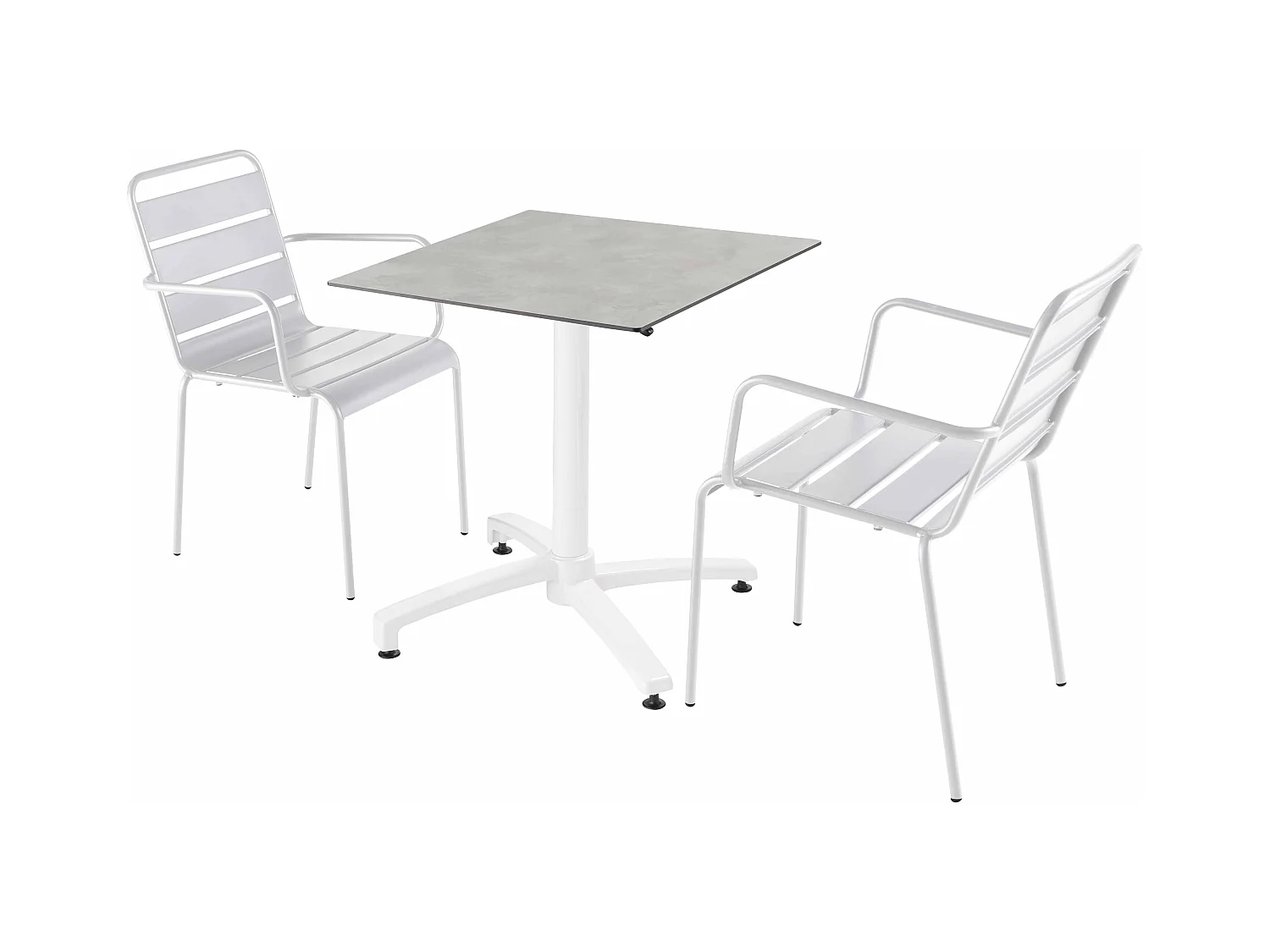 Ensemble table terrasse stratifié béton avec 2 fauteuils blanc