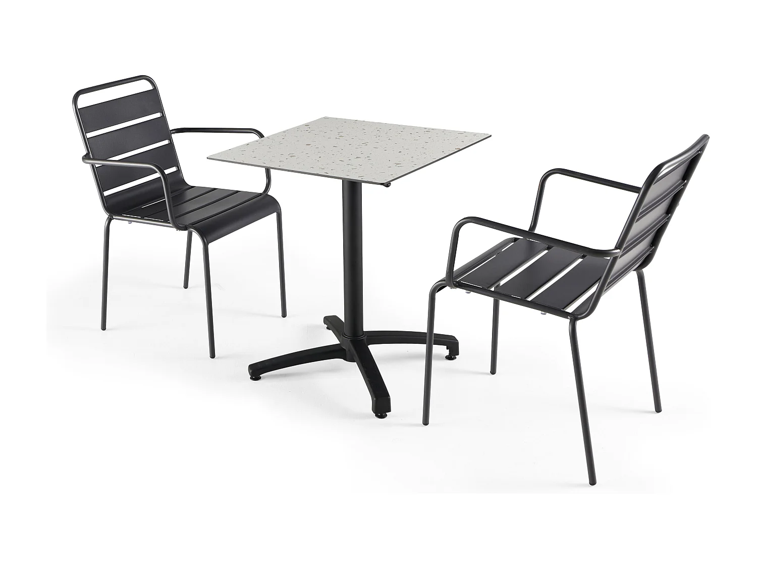 Ensemble table de terrasse stratifié terrazzo et 2 fauteuils gris