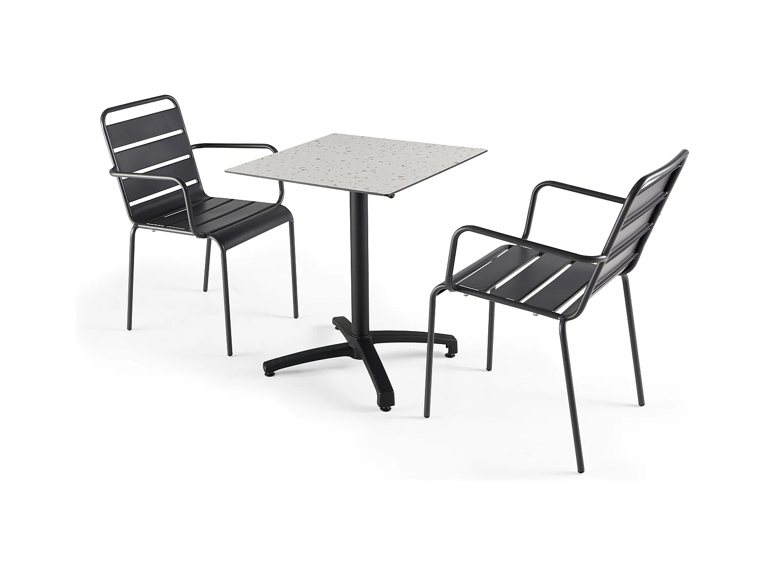 Ensemble table de jardin stratifié terrazzo et 2 fauteuils gris