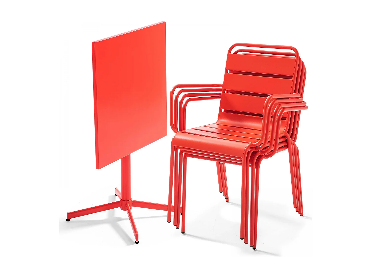 Tuinset met tafel en 4 rode fauteuils