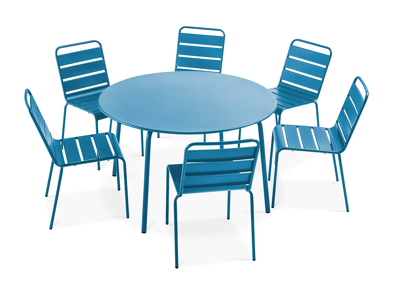 Set van een ronde tuin tafel en 6 stoelen in blauw pacific metaal