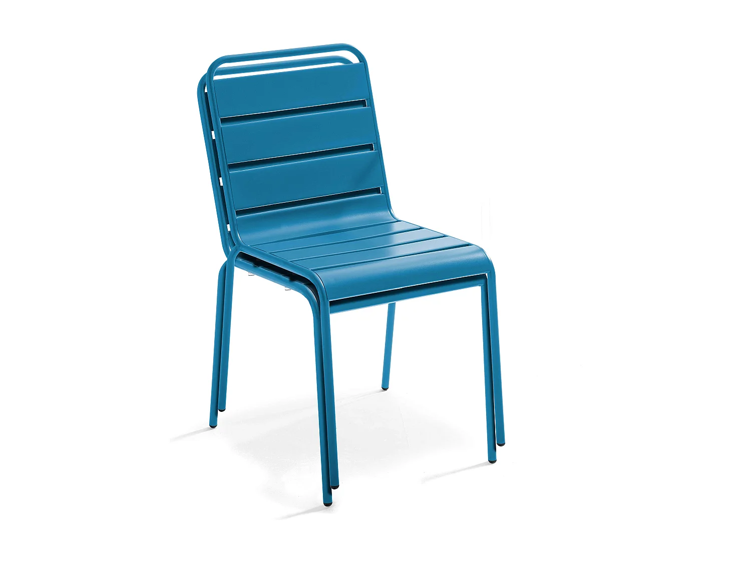 Set van een ronde tuin tafel en 6 stoelen in blauw pacific metaal