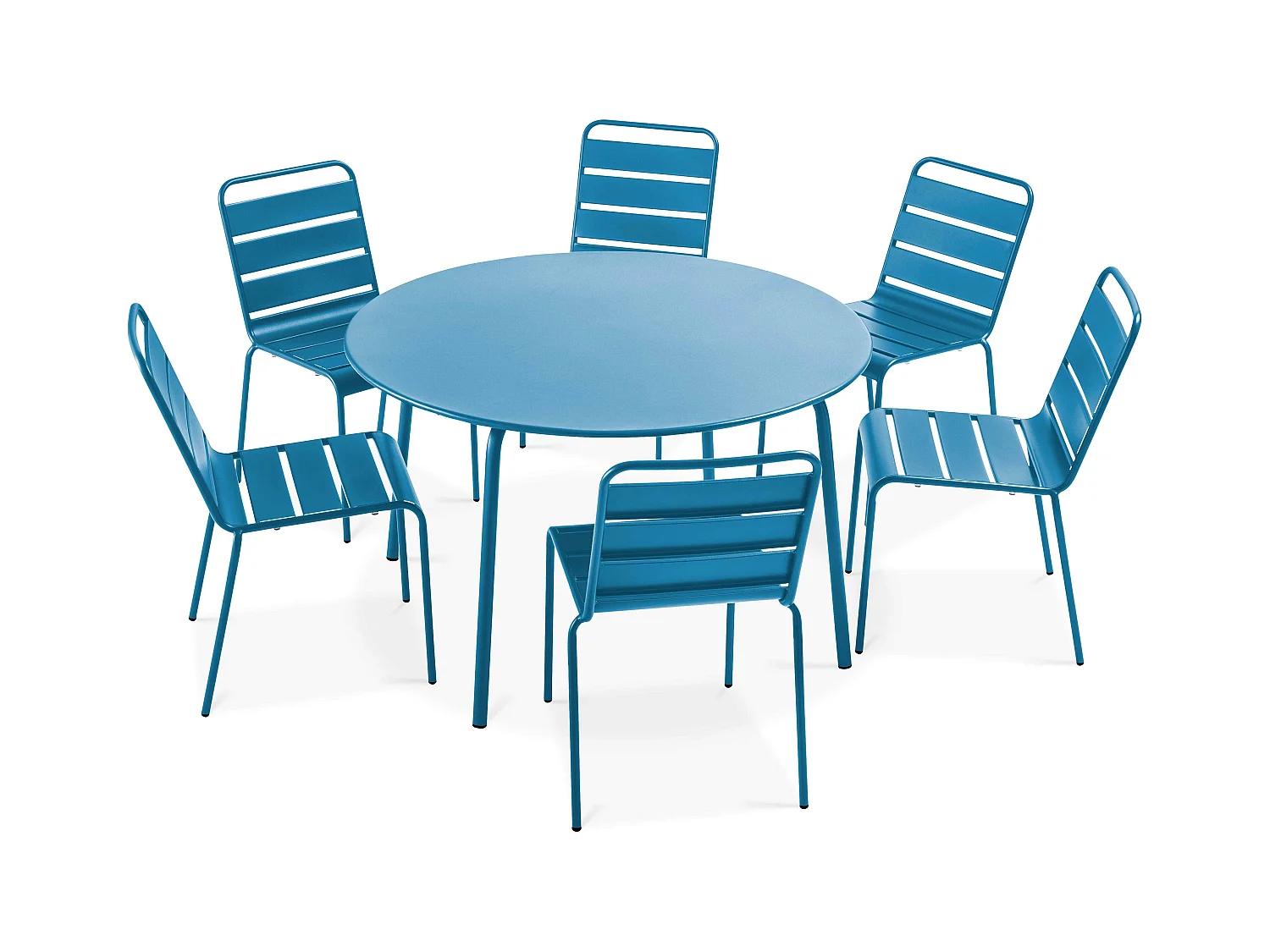 Ensemble table de jardin ronde et 6 chaises en métal bleu pacific - Palavas