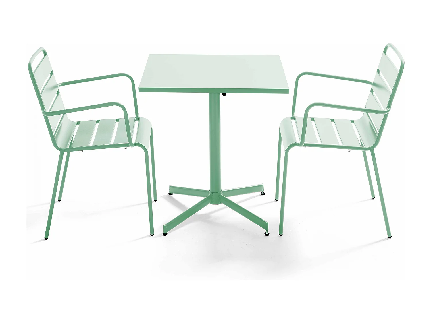Ensemble table de jardin carrée et 2 fauteuils métal vert sauge - Palavas