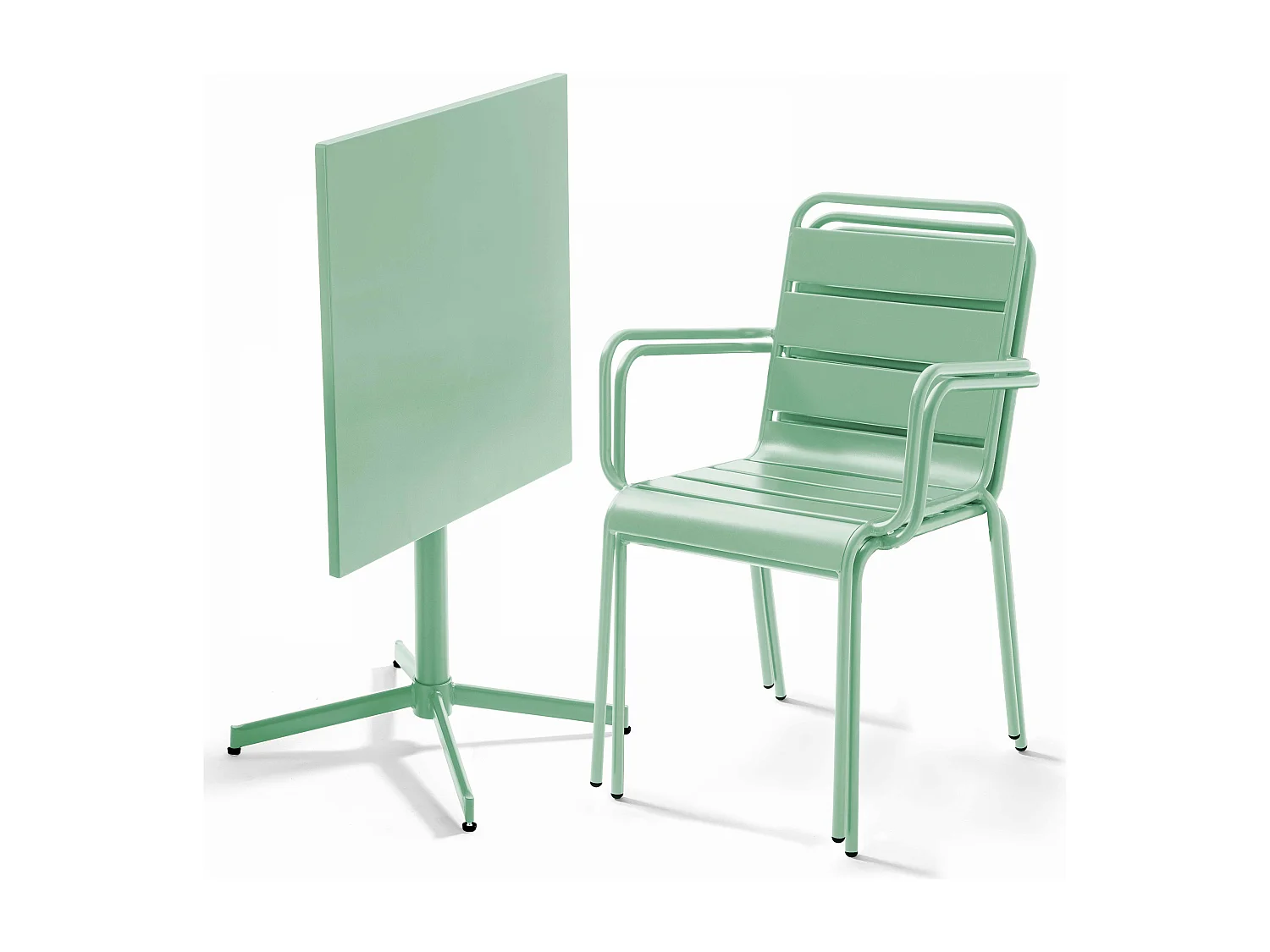 Ensemble table de jardin carrée et 2 fauteuils métal vert sauge - Palavas