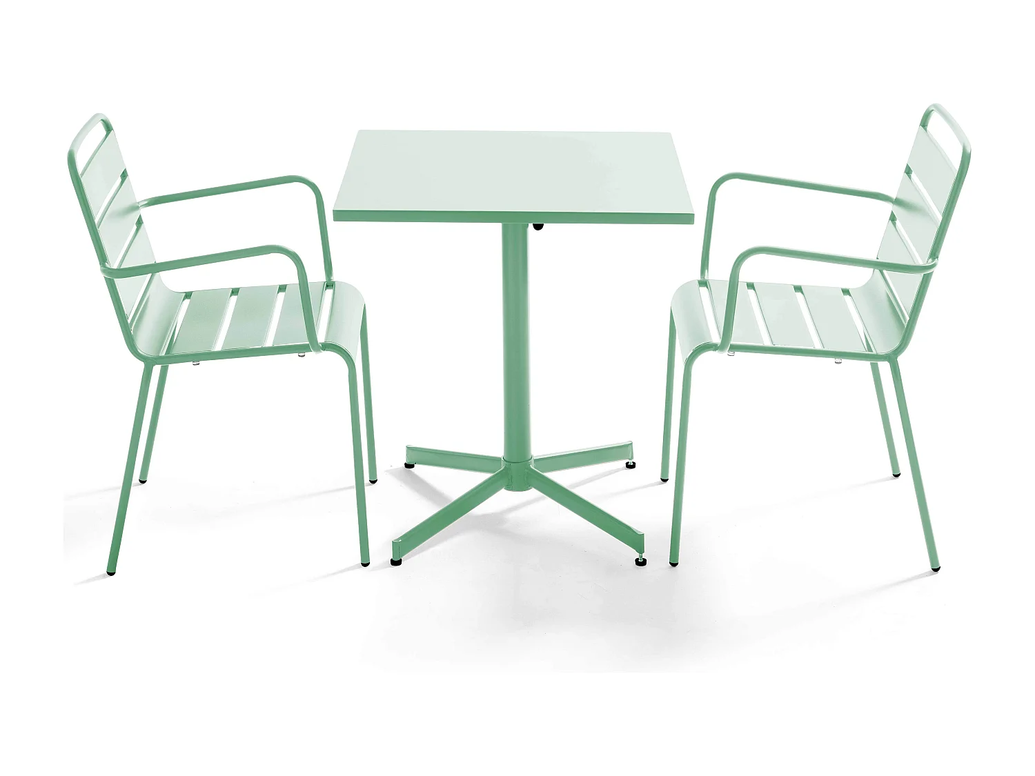 Ensemble table de jardin carrée et 2 fauteuils métal vert sauge - Palavas
