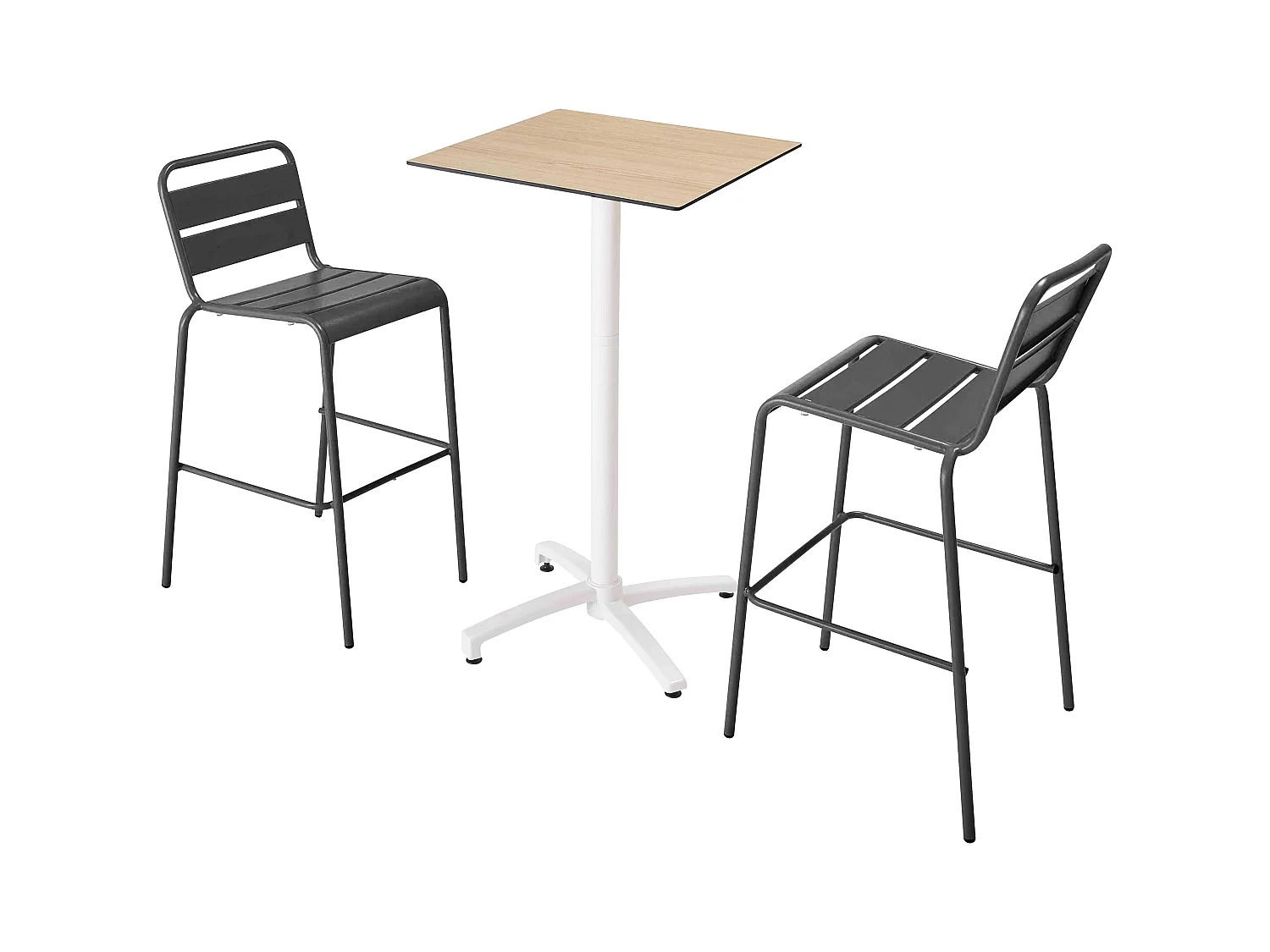 Set hoge tafel met natuurlijk eikenhouten laminaat en 2 grijze stoelen