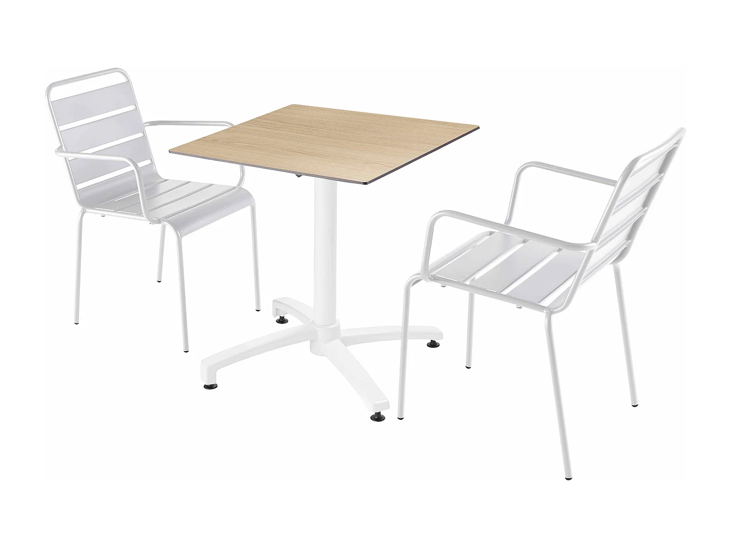 Ensemble table de terrasse stratifié chêne avec 2 fauteuils blanc