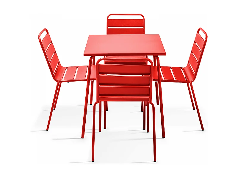 Ensemble table de terrasse et 4 chaises en métal rouge - Palavas