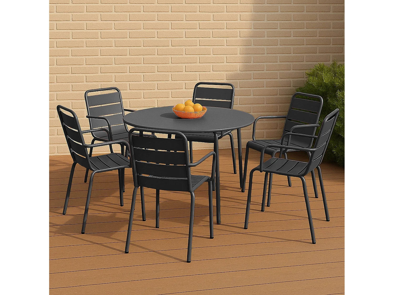 Ensemble table de jardin ronde et 6 fauteuils acier gris - Palavas