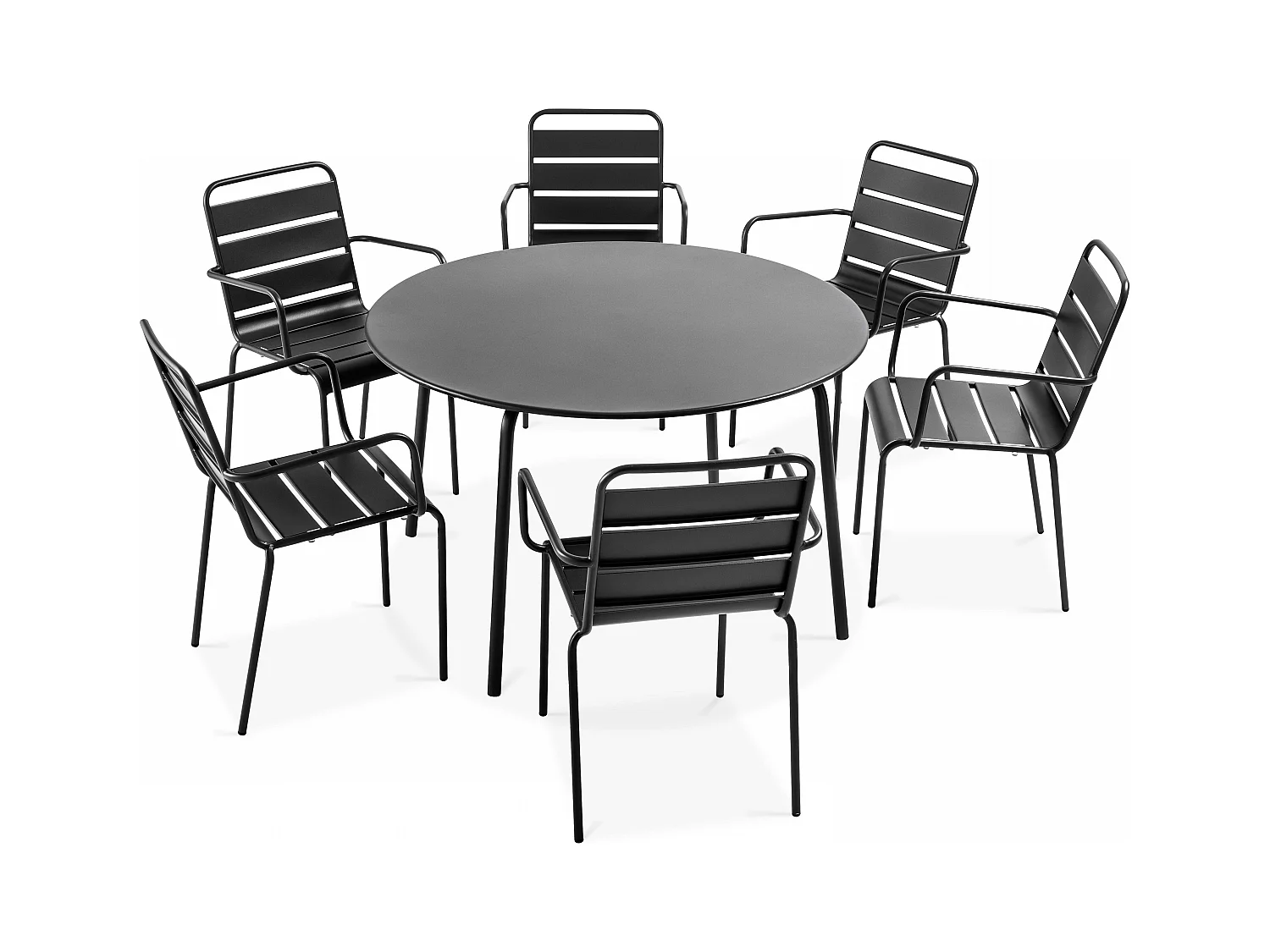Ensemble table de jardin ronde et 6 fauteuils acier gris - Palavas