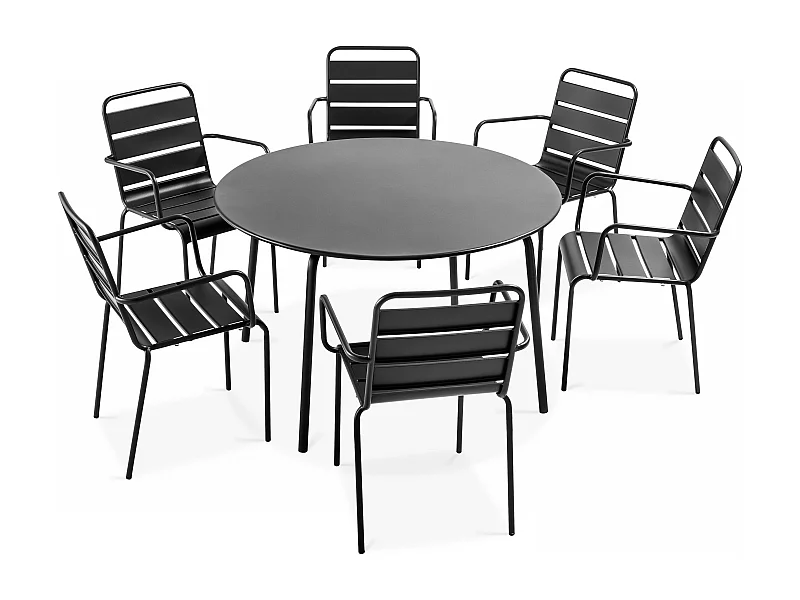 Ensemble table de jardin ronde et 6 fauteuils acier gris - Palavas