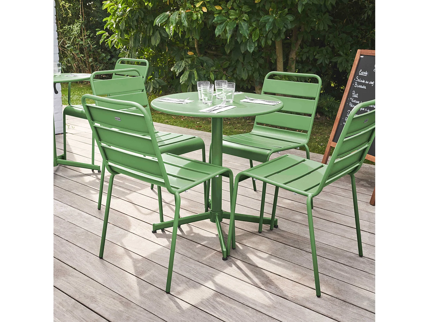 Ensemble table de jardin ronde et 4 chaises vert cactus - Palavas