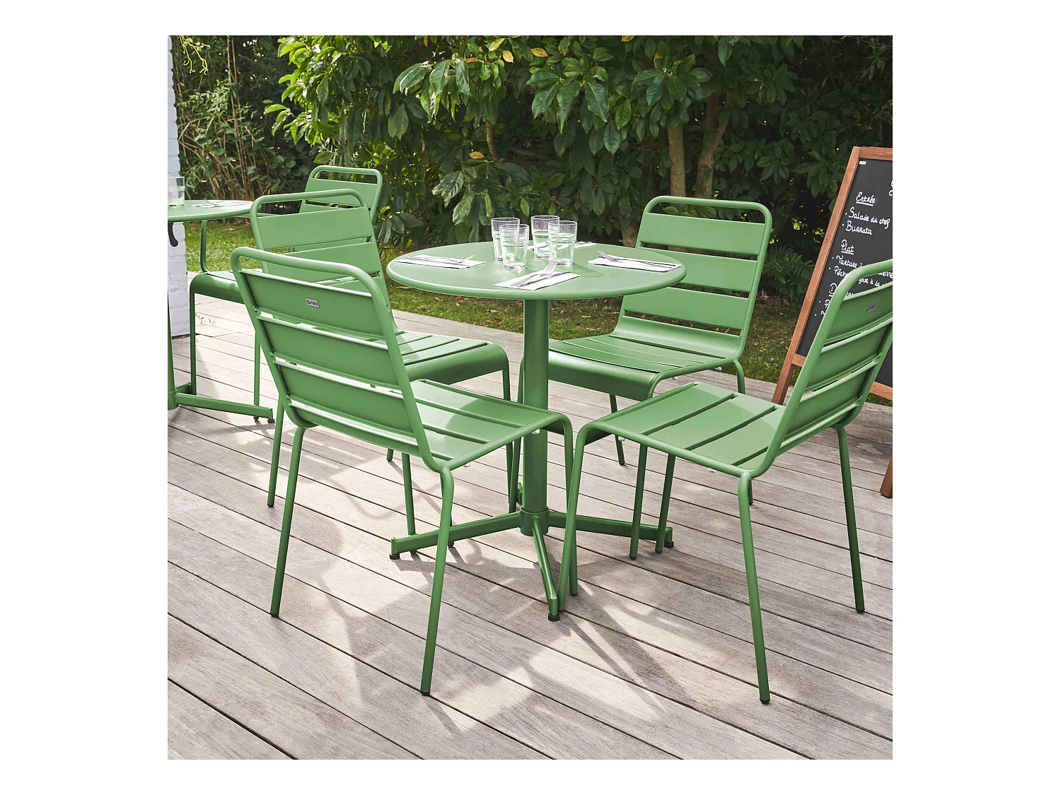 Ensemble table de jardin ronde et 4 chaises vert cactus - Palavas
