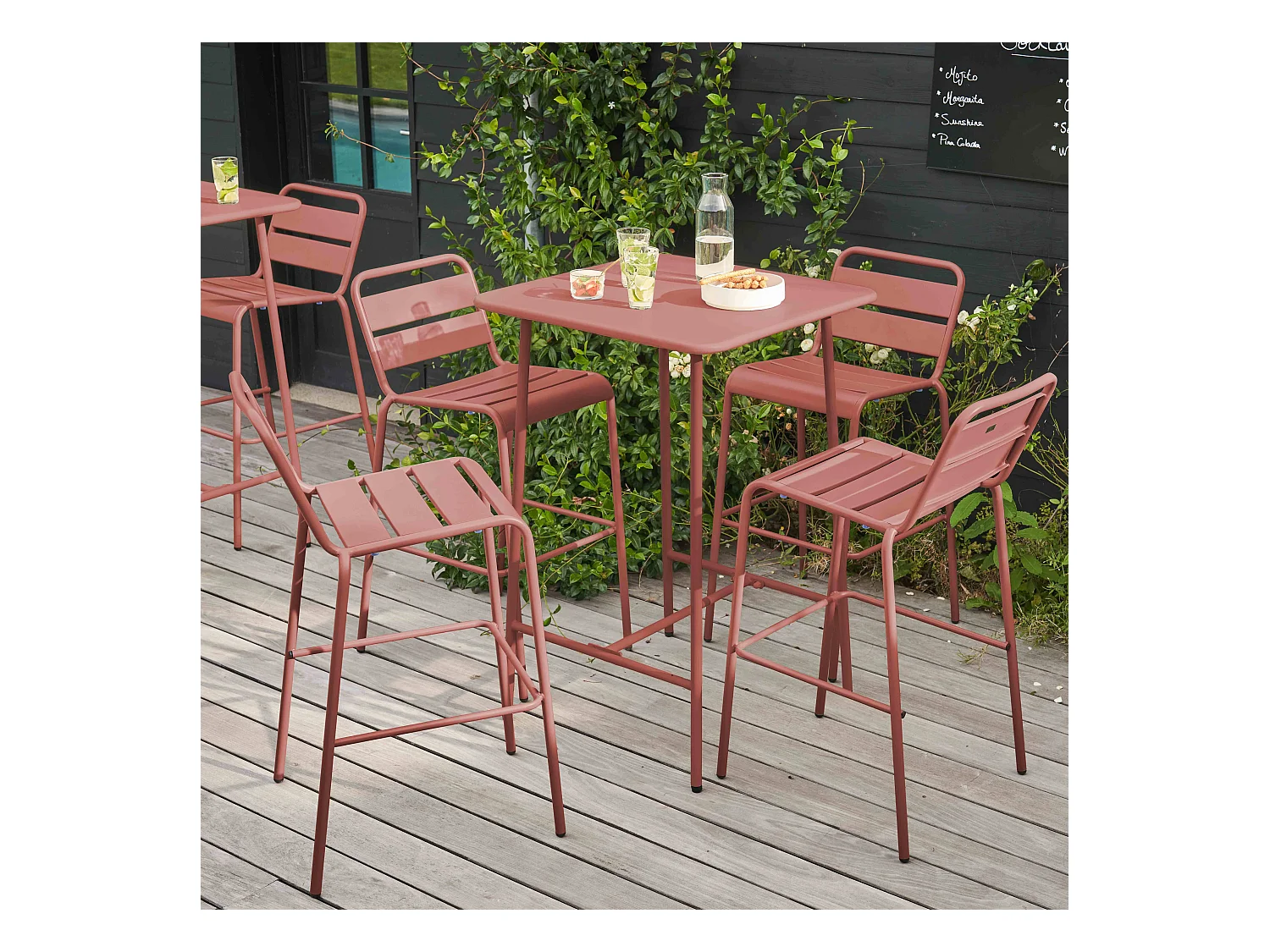 Ensemble table de bar et 4 chaises hautes en métal argile - Palavas