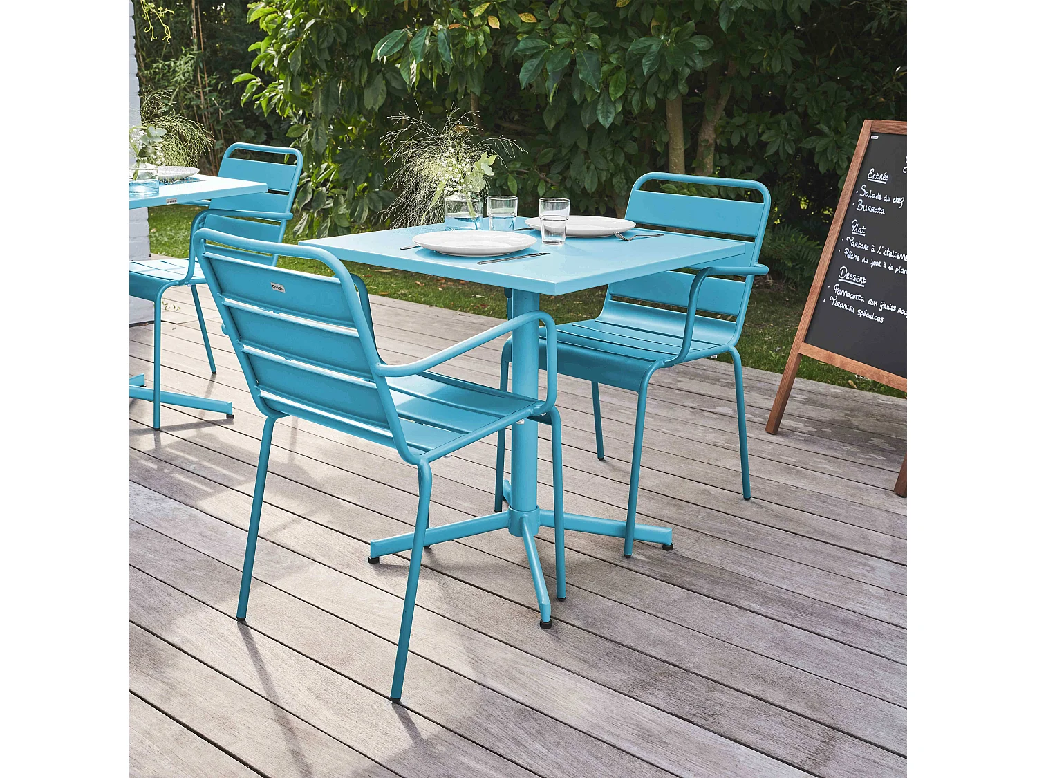 Ensemble table de jardin bistrot et 2 fauteuils métal bleu - Palavas