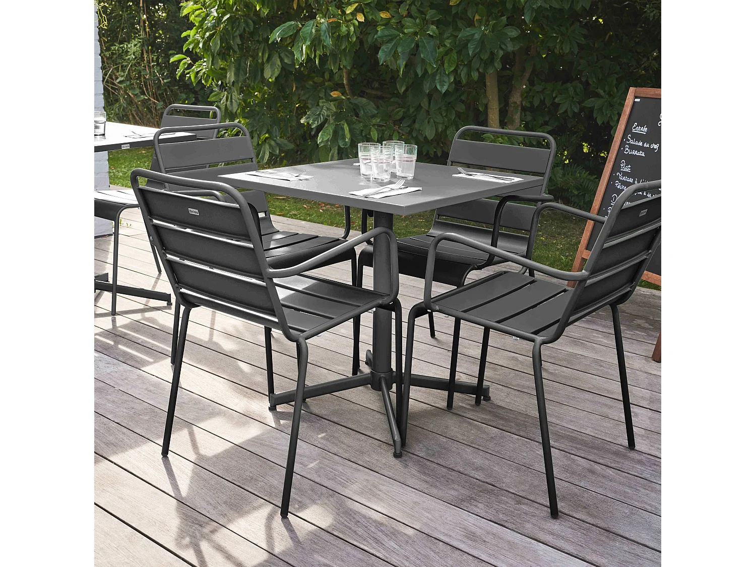 Ensemble table de jardin et 4 fauteuils en métal anthracite - Palavas