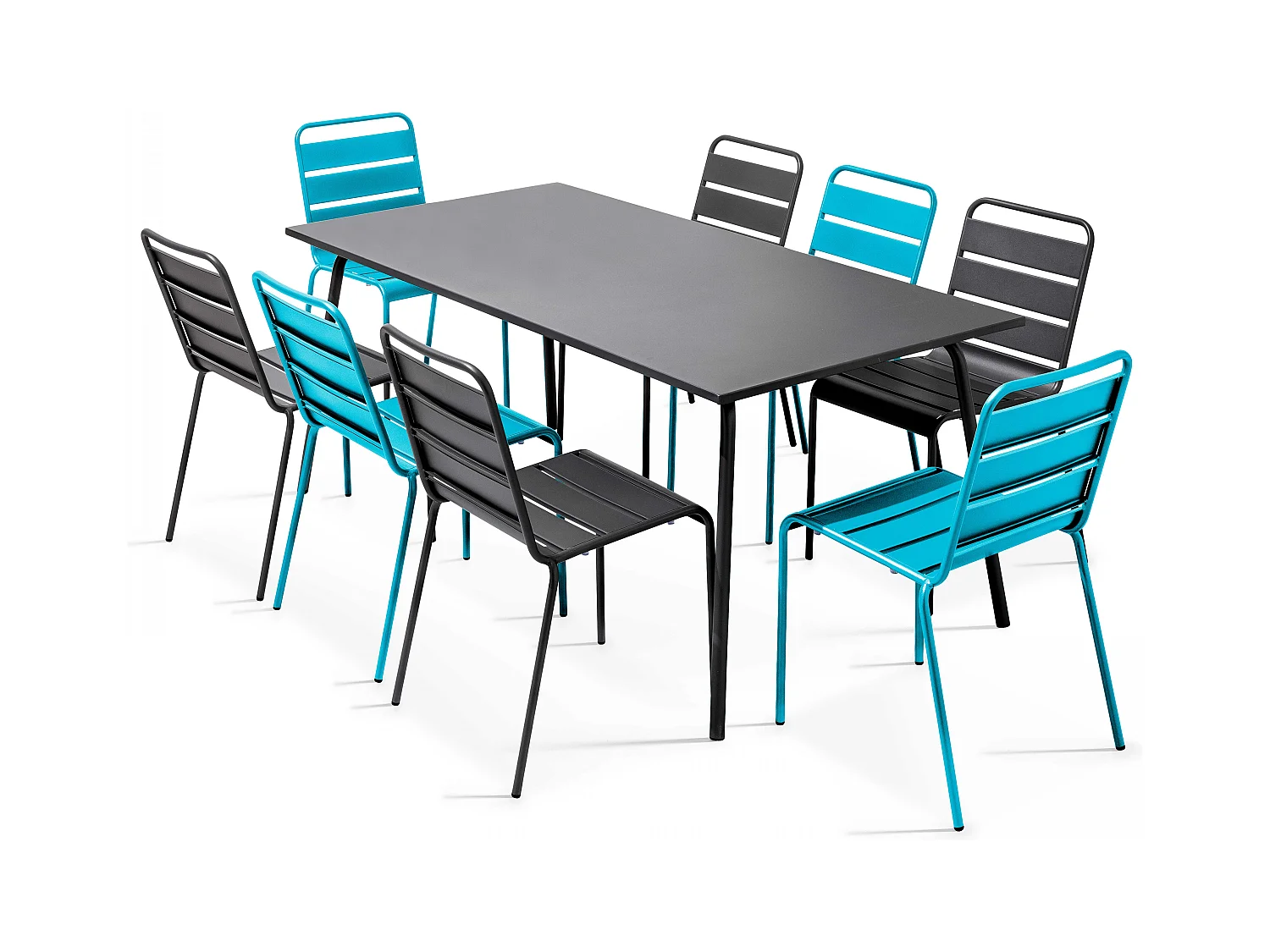 Ensemble table de jardin et 8 chaises en métal gris et bleu - Palavas
