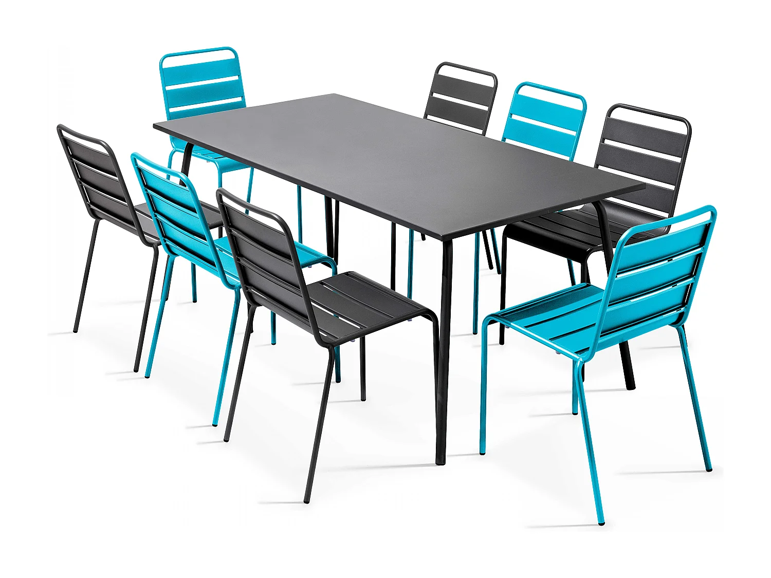 Ensemble table de jardin et 8 chaises en métal gris et bleu - Palavas