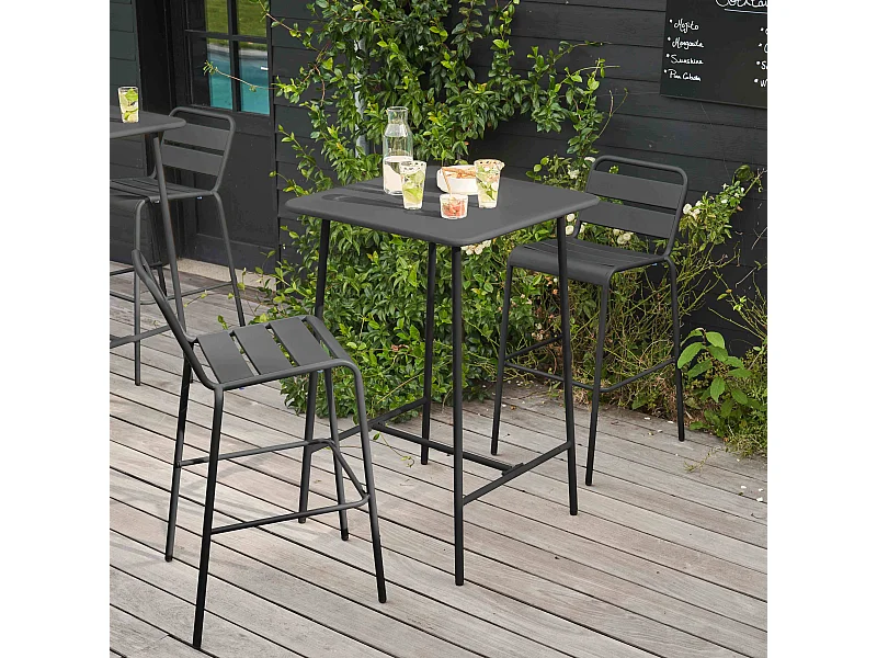 Ensemble table de bar et 2 chaises hautes en métal gris - Palavas