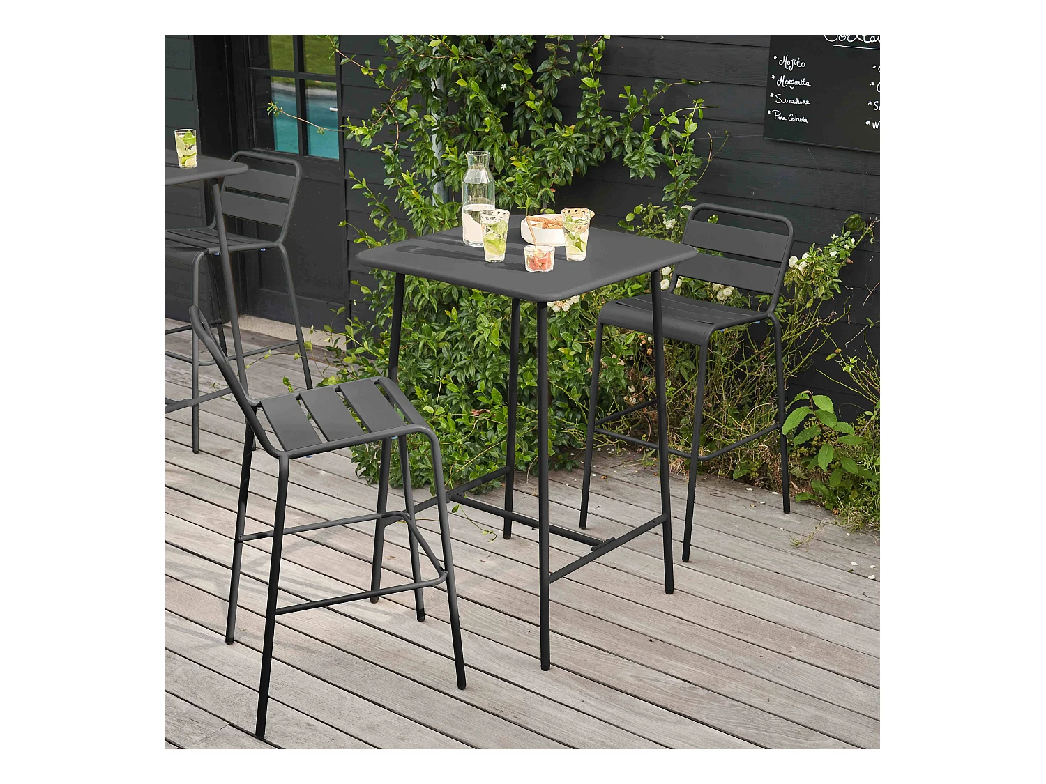 Ensemble table de bar et 2 chaises hautes en métal gris - Palavas