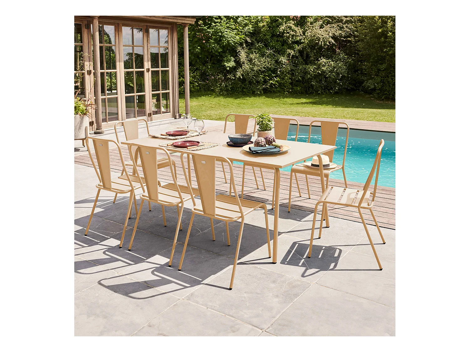 Ensemble table de jardin et 8 chaises bistrot en acier ivoire - Palavas