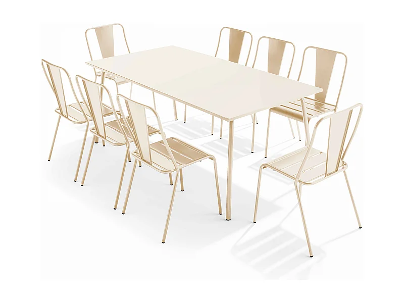 Ensemble table de jardin et 8 chaises bistrot en acier ivoire - Palavas