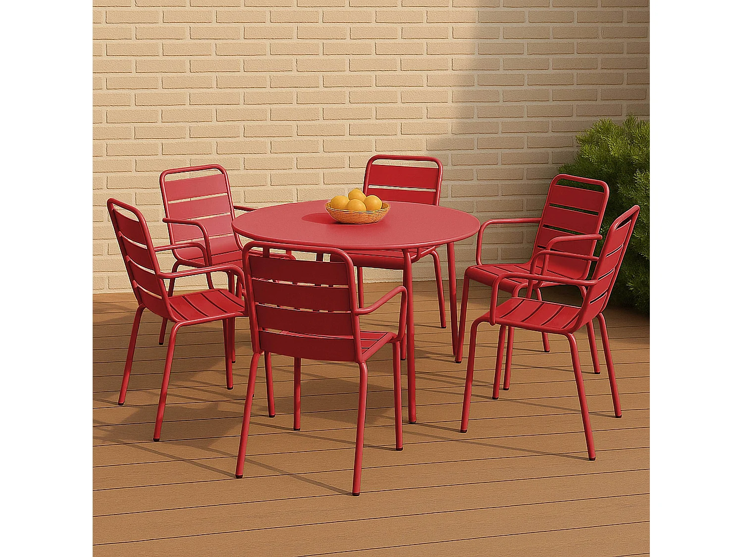 Set van een ronde tuin tafel en 6 rode stalen fauteuils