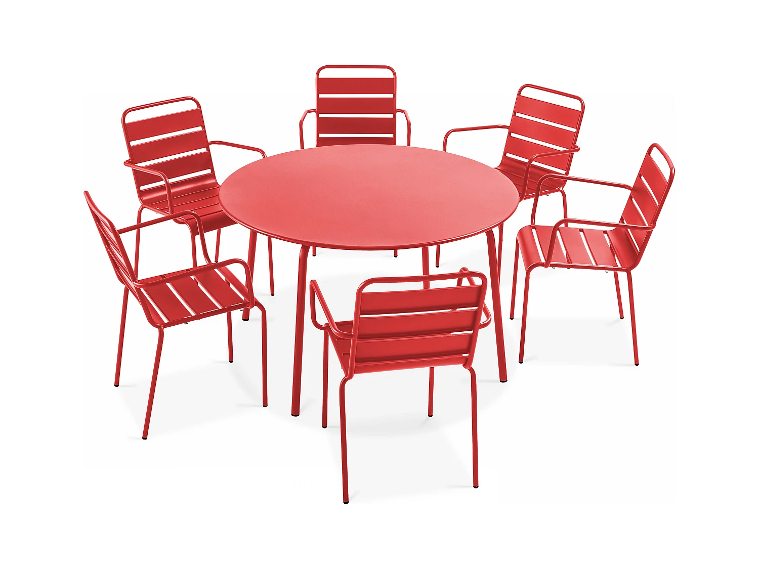 Ensemble table de jardin ronde et 6 fauteuils acier rouge - Palavas
