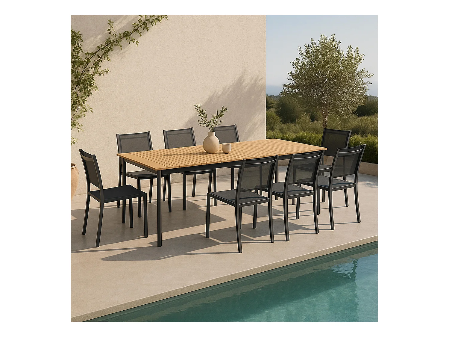 Table de jardin en aluminium/teck et 8 chaises