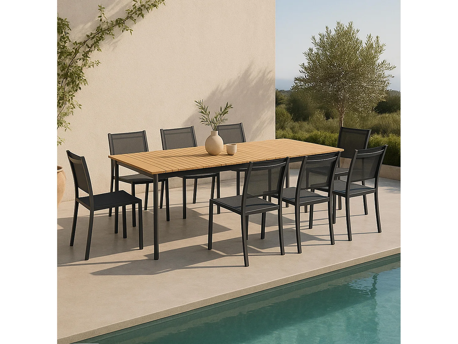 Table de terrasse en aluminium/teck et 8 chaises
