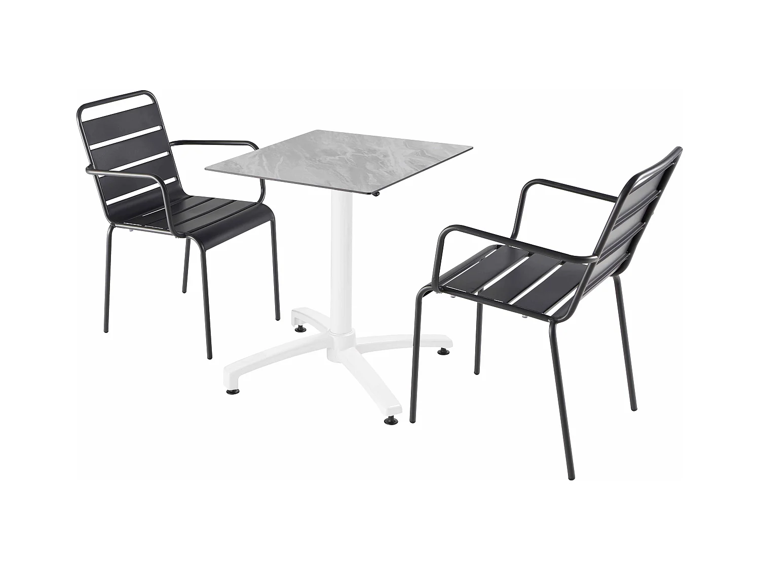 Ensemble table de terrasse stratifié marbre avec 2 fauteuils gris