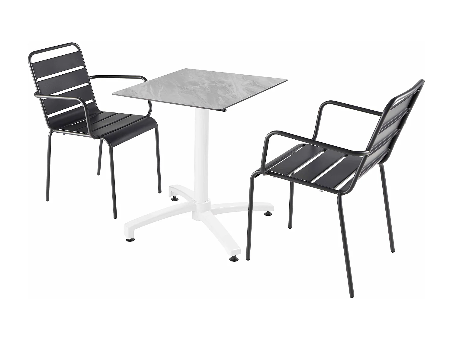 Ensemble table de terrasse stratifié marbre avec 2 fauteuils gris