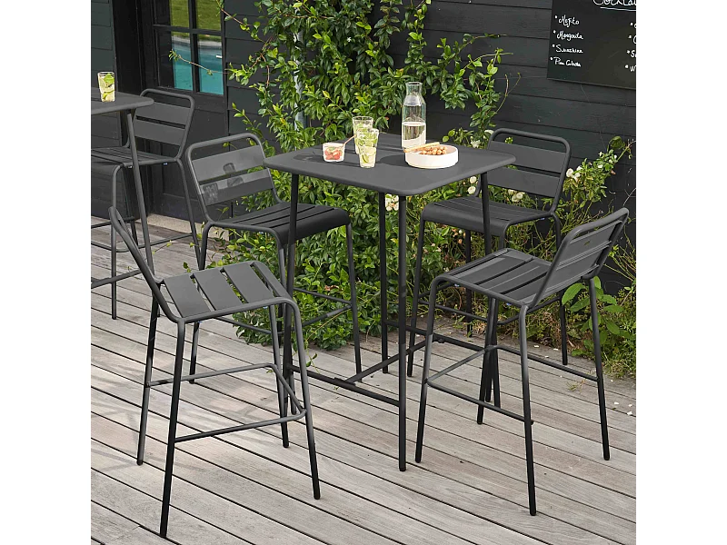 Ensemble table de bar et 4 chaises hautes en métal anthracite - Palavas