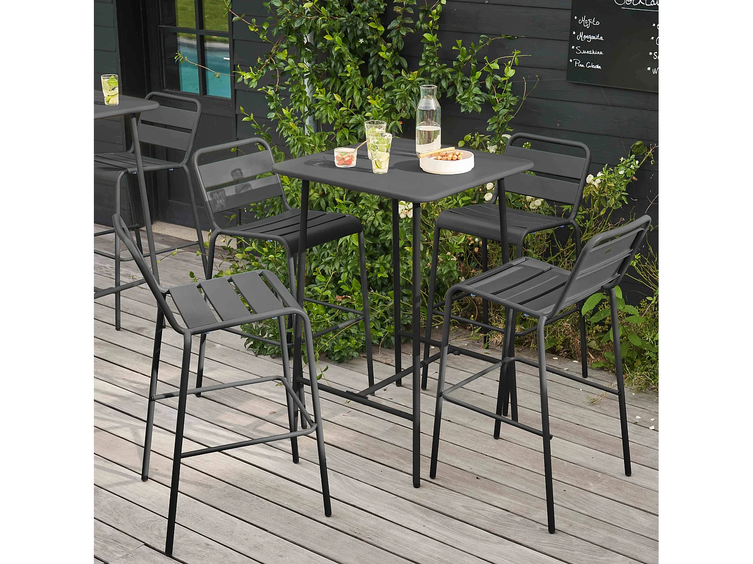 Set bartafel en 4 hoge stoelen van antraciet metaal